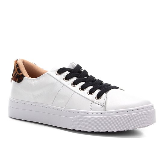 Tênis Couro Shoestock Animal Print Feminino - Branco+Caramelo