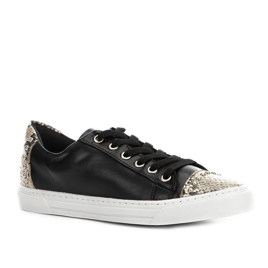 Tênis Couro Shoestock Snake Tachas Feminino - Preto