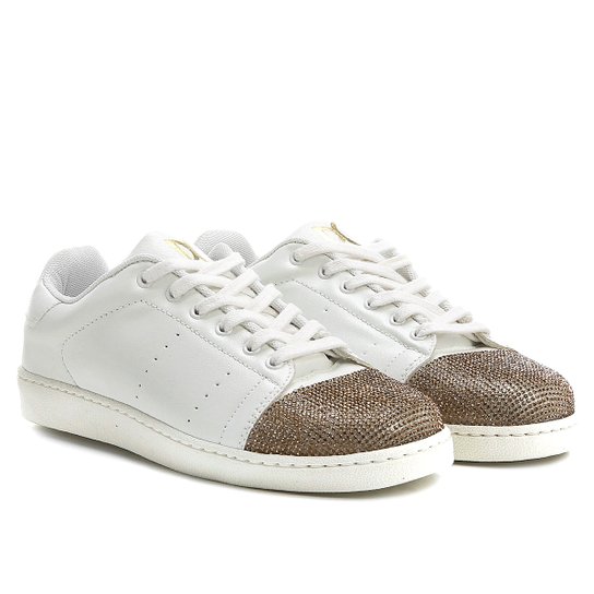 Tênis Di Cristalli Biqueira Hot Fix - Branco+dourado