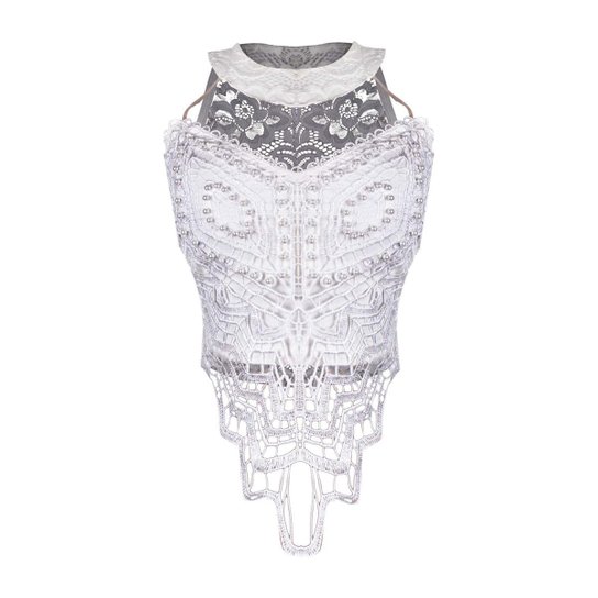Top OutletDri Cropped Renda Guippir V Tule Pérolas Frontal - Branco