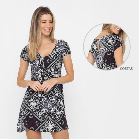 Vestido Água Viva Evasê Curto Estampado - Preto+Roxo