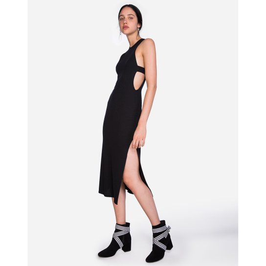 Vestido Amaro Canelado Com Fenda - Preto