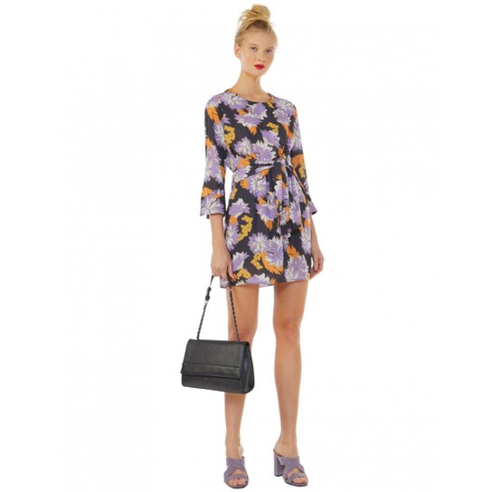 Vestido Amaro Curto Básico Manga Alongada Feminino - Preto+Lilás