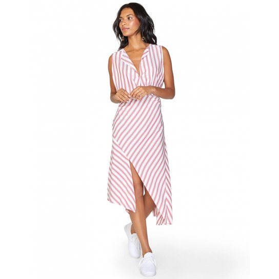 Vestido Amaro Midi Assimétrico Listras - Preto+Mostarda
