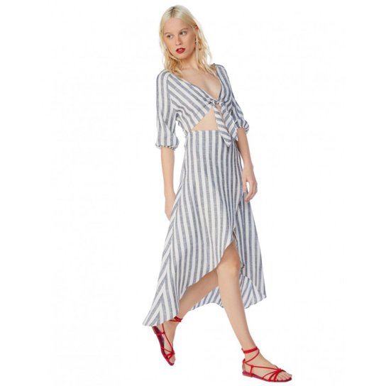 Vestido Amaro Midi Linho Listrado - Azul