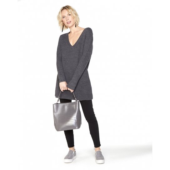 Vestido Amaro Suéter Oversized Decote - Cinza