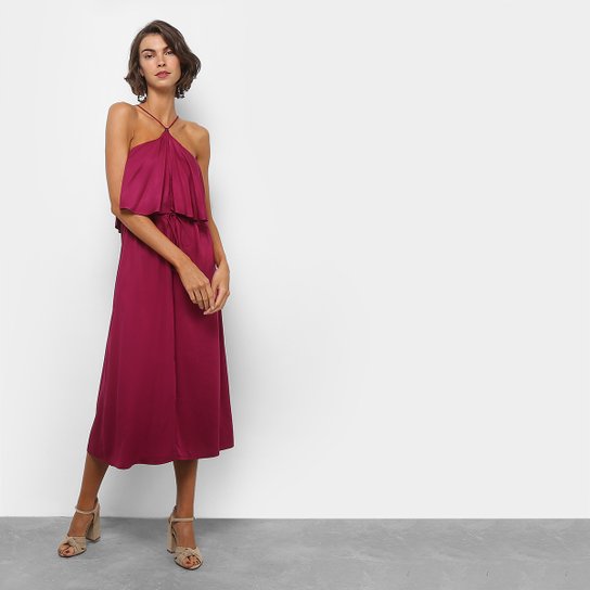 Vestido Colcci Evasê Midi Alça Cruzada Babados - Pink