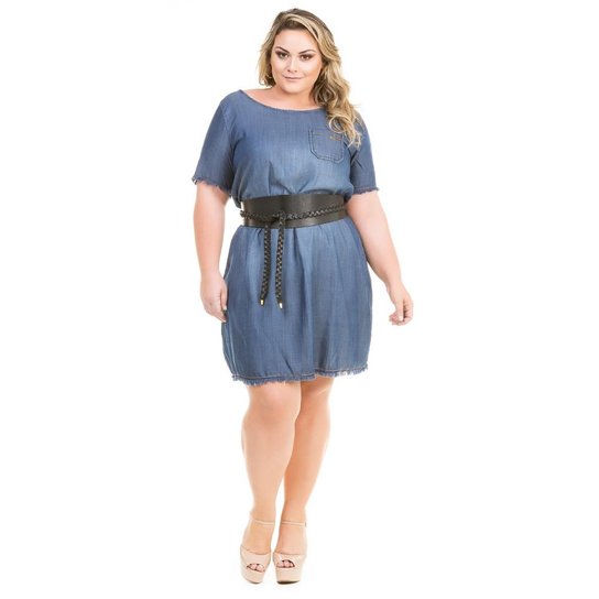 Vestido Confidencial Extra Plus Size Jeans Soltinho com Barra Desfiada Feminino - Azul Escuro