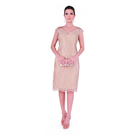 Vestido curto em renda metalizada - Nude