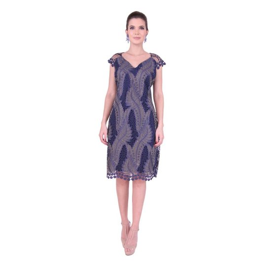 Vestido curto em renda metalizada - Azul Escuro