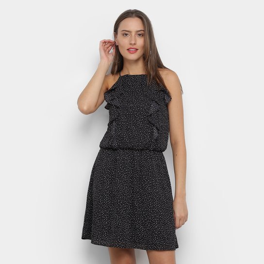 Vestido Drezzup Evasê Curto Estampado Babados - Preto