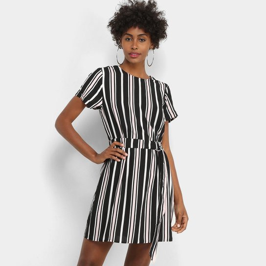 Vestido Facinelli Curto Listrado Amarração Feminino - Preto
