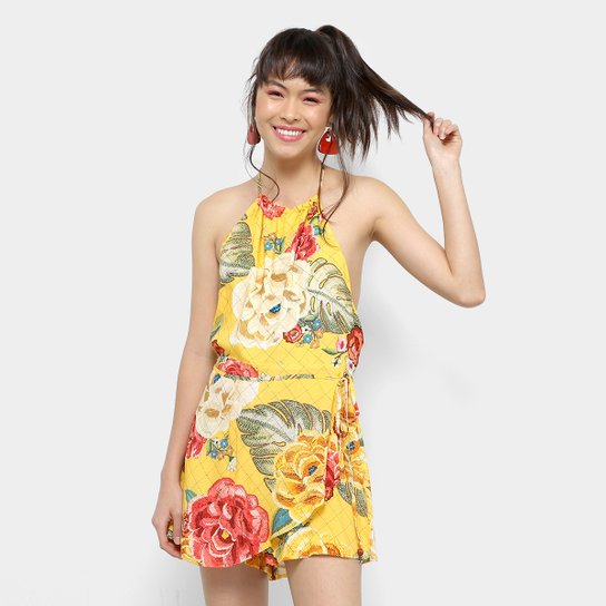 Vestido Farm Curto Short Frente Única Estampado - Amarelo