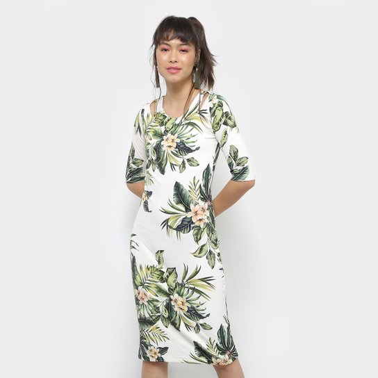 Vestido Farm Tubinho Midi Canelado Folhas Ao Vento - Off White