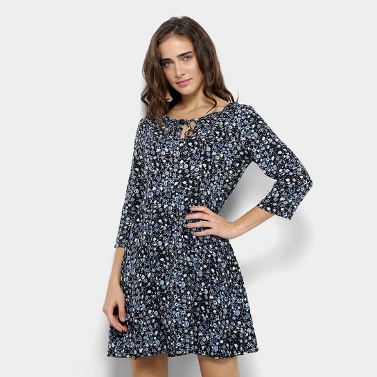 Vestido Fiya Lady Evasê Curto 3/4 Floral - Preto