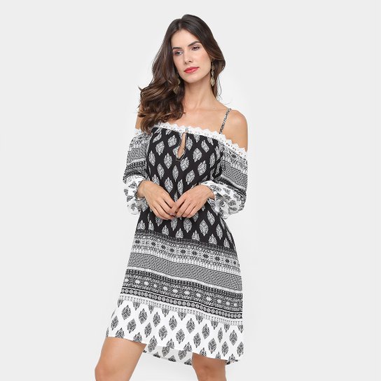 Vestido Fiya Lady Evasê Curto Estampado - Preto