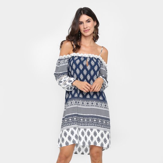 Vestido Fiya Lady Evasê Curto Estampado - Azul