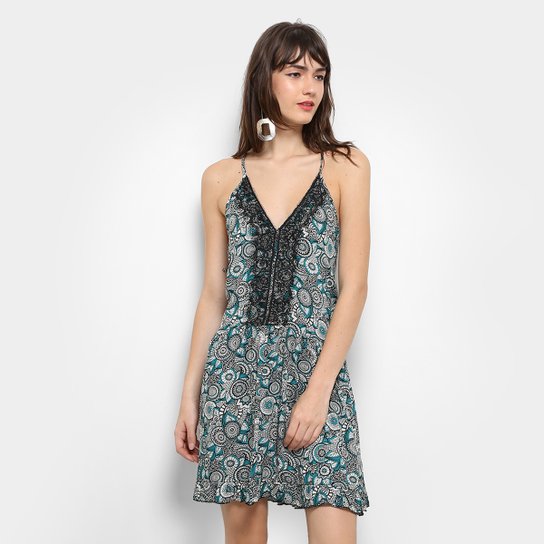 Vestido Fiya Lady Evasê Curto Estampado - Preto+Azul Turquesa