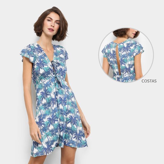 Vestido Fiya Lady Evasê Curto Estampado - Azul+Branco