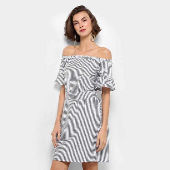 Vestido Fiya Lady Evasê Curto Ombro a Ombro Listrado - Preto