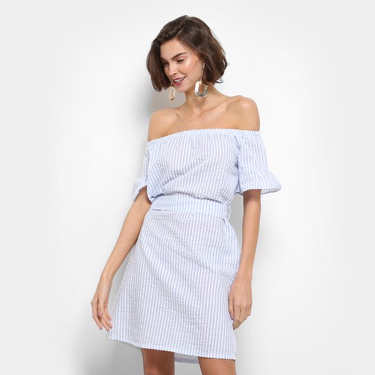 Vestido Fiya Lady Evasê Curto Ombro a Ombro Listrado - Azul