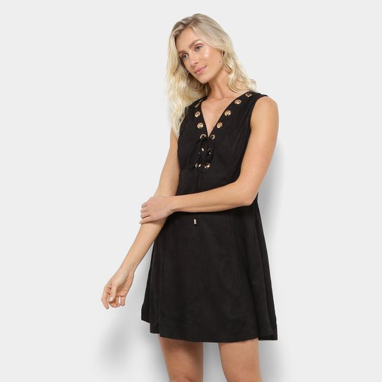 Vestido Fiya Lady Evasê Curto Suede - Preto