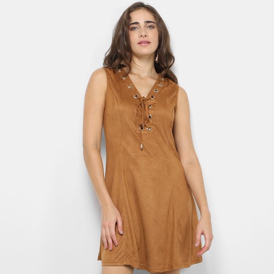Vestido Fiya Lady Evasê Curto Suede - Marrom