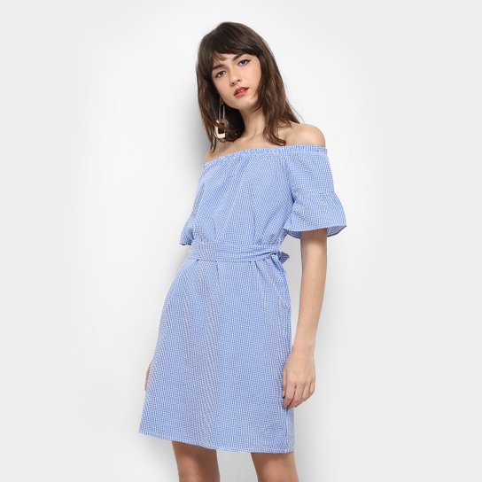 Vestido Fiya Lady Evasê Curto Xadrez - Azul