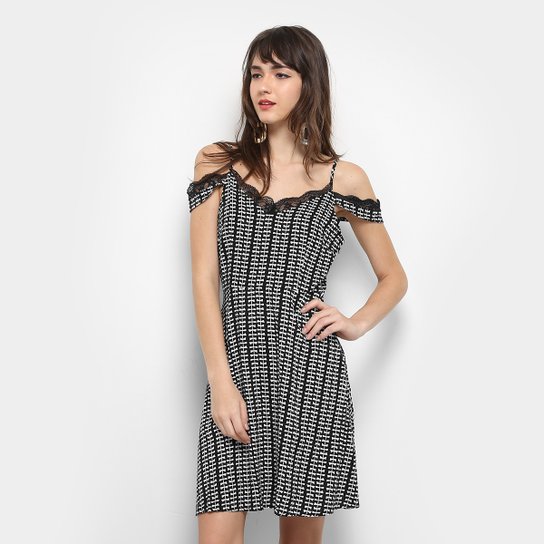 Vestido Fiya Lady Evasê Estampado - Preto