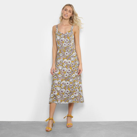 Vestido For Why Evasê Midi Estampado Amarração Costas - Amarelo