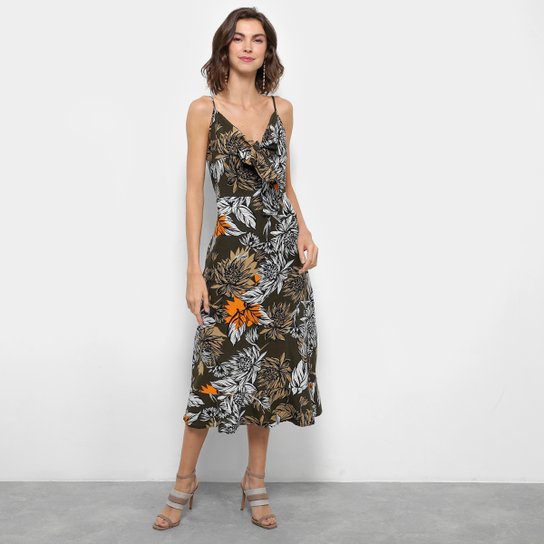 Vestido For Why Midi Evasê Estampa Floral Detalhe Nó - Verde Militar