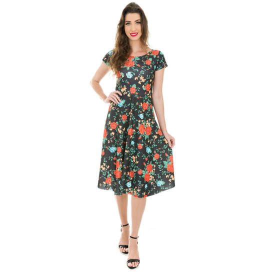 Vestido Godê Jogabe Midi - Preto+Vermelho