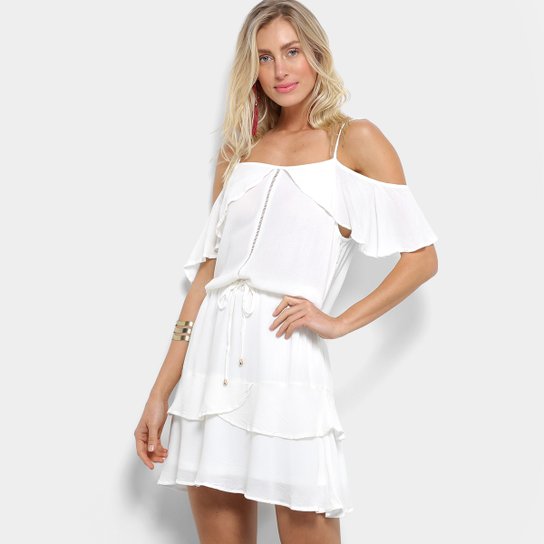 Vestido Holin Stone Evasê Curto Camadas Babados Amarração - Branco