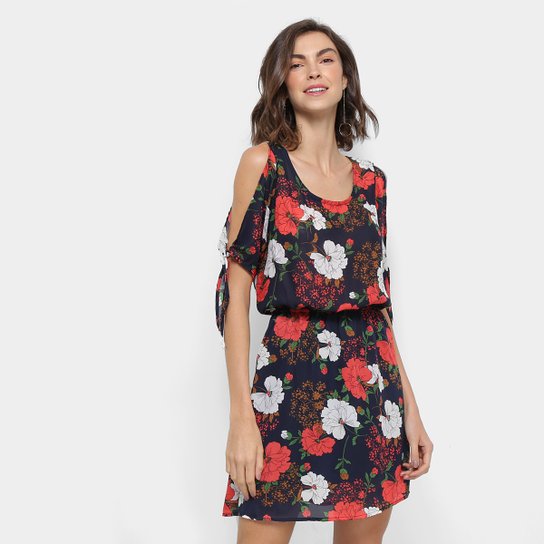 Vestido Holin Stone Evasê Floral - Marinho+Vermelho