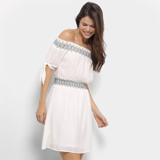 Vestido Holin Stone Ombro a Ombro Acinturado - Branco