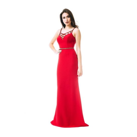 Vestido Izad Em Crepe Com Cinto E Alcas Bordadas - Vermelho