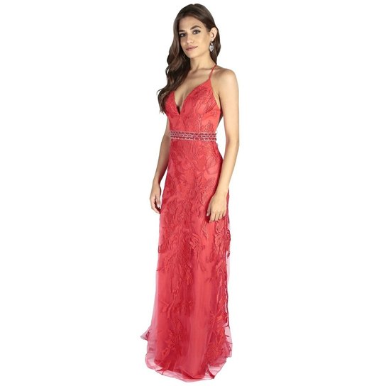 Vestido Izad tule rendado com cinto bordado - Vermelho