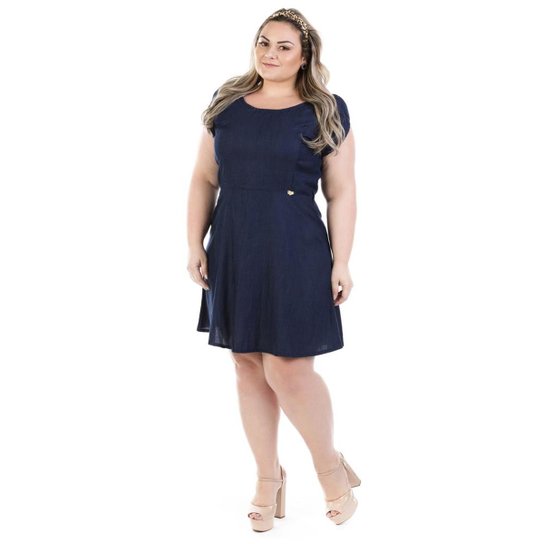 Vestido Jeans Confidencial Extra Evasê Plus Size Feminino - Marinho