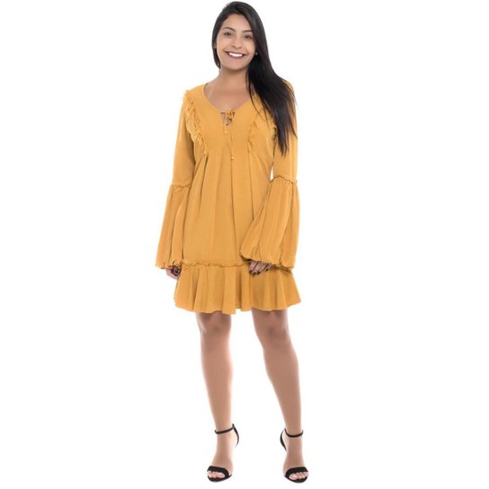 Vestido Jeans Manga Longa Denúncia - Laranja