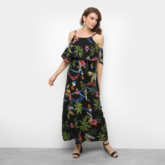 Vestido JIN Evasê Longo Floral Sobreposição - Preto+verde