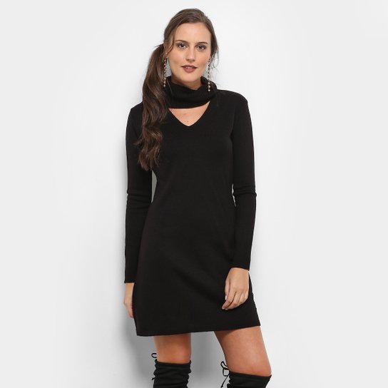 Vestido Lança Perfume Curto Tricô Manga Longa - Preto