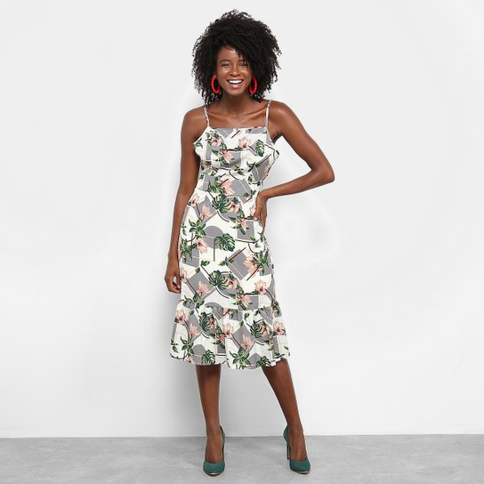 Vestido Lily Fashion Midi Evasê Estampa Floral Detalhe Babado - Off White