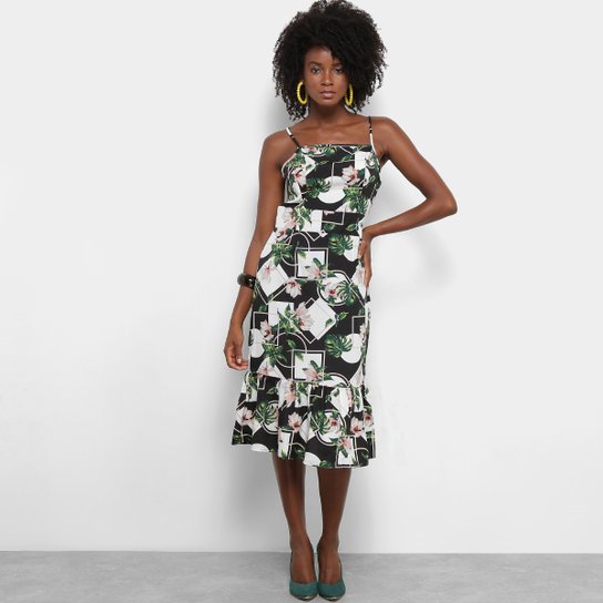 Vestido Lily Fashion Midi Evasê Estampa Floral Detalhe Babado - Preto
