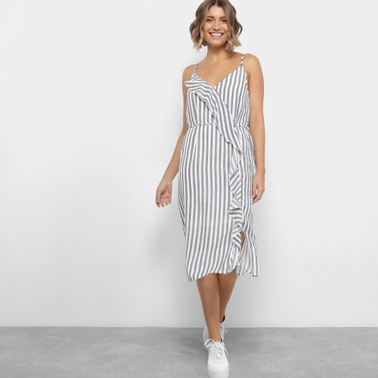 Vestido Lily Fashion Midi Evasê Estampa Listrada Detalhe Babado - Cinza+Branco