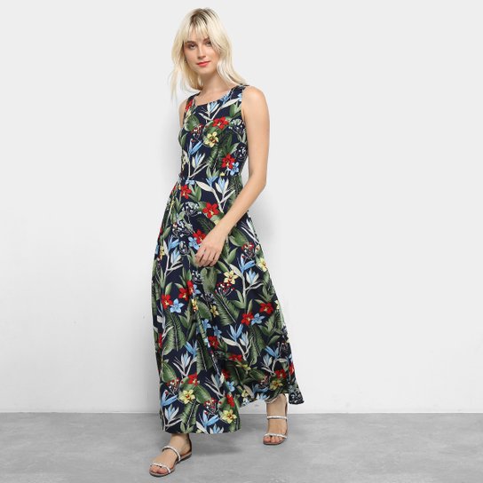 Vestido Longo Top Modas Floral Feminino - Azul