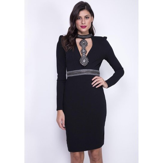 Vestido Midi Bordado Gola Lança Perfume - Preto