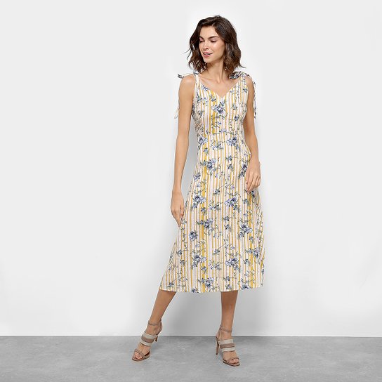 Vestido Midi Forwhy Evasê Listras Floral - Amarelo