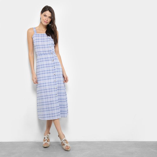 Vestido Mixxon Midi Evasê Xadrez Botões - Azul Claro+Branco
