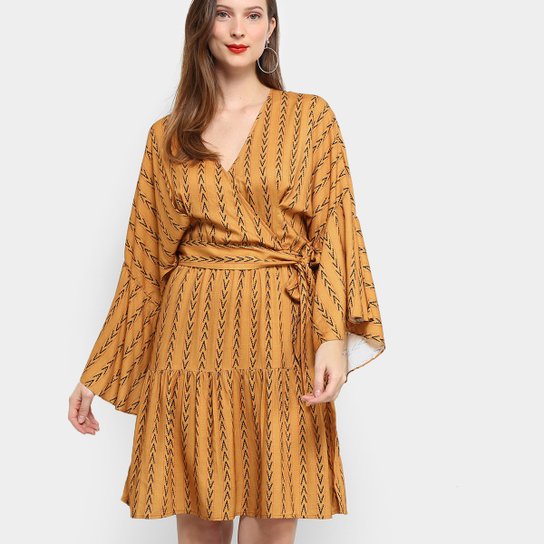 Vestido Mob Evasê Curto Manga Longa Amarração - Amarelo