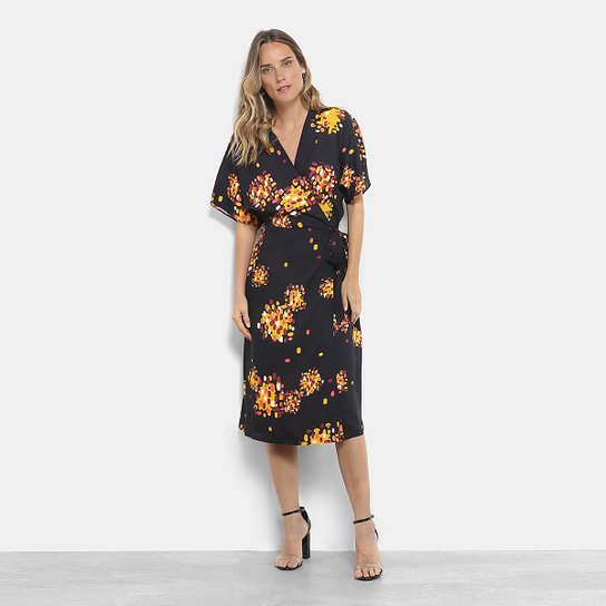 Vestido Morena Rosa Midi Transpassado Estampado - Preto+Amarelo